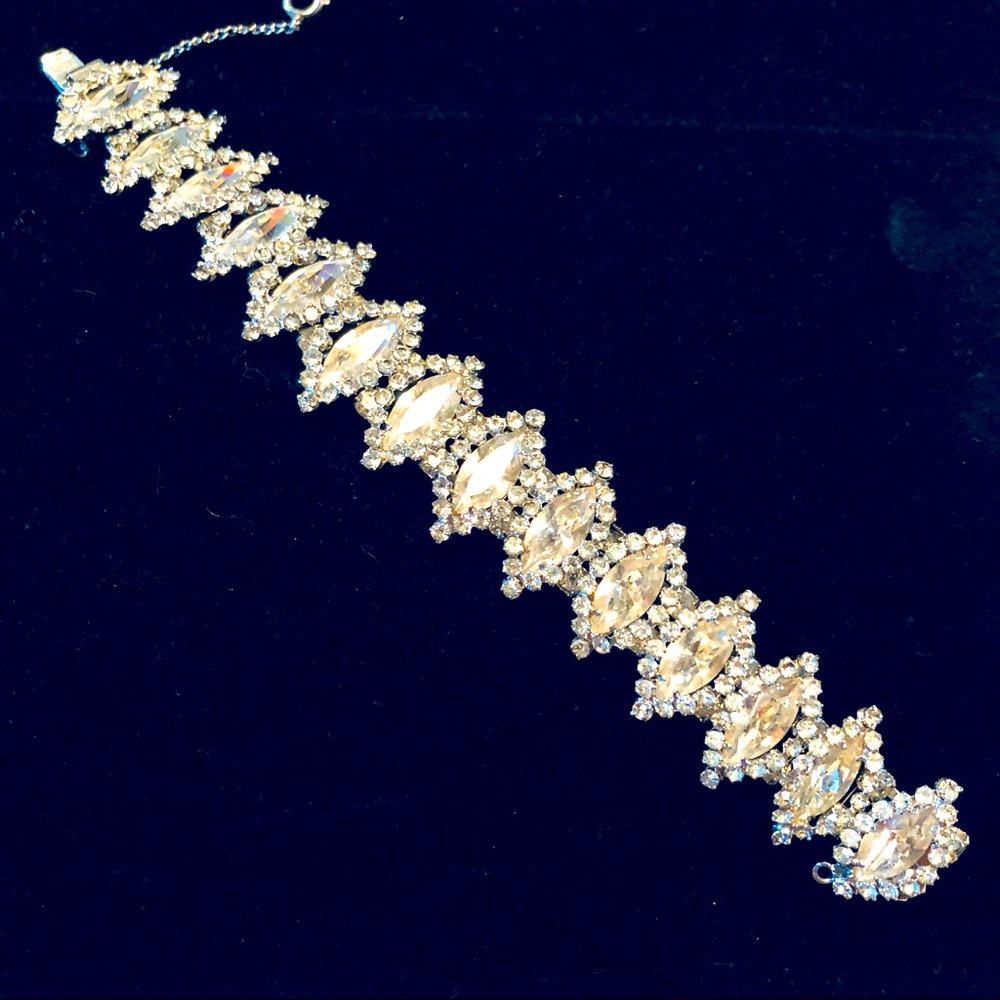 Silver Tone Bracelet with Rhinestones Marquise/Navette & Round w/ Security Chain